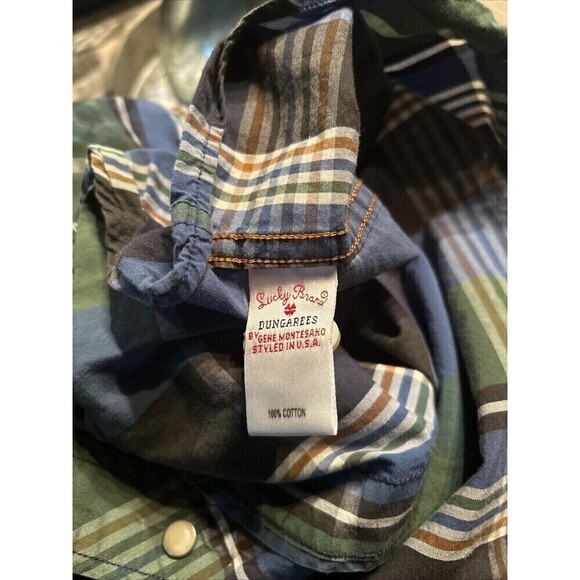 Lucky Brand Western Shirt Mens XL Blue Green Plaid Pearl Snap Cowboy Sportswear - Picture 5 of 8